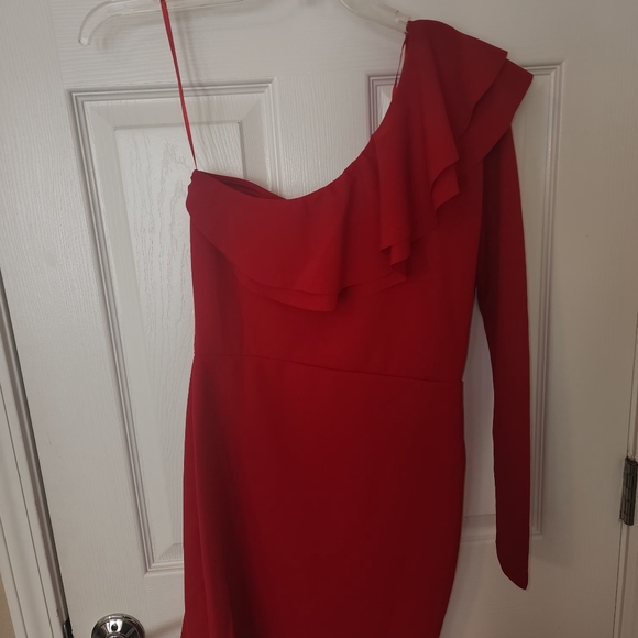 Quizz Red One Shoulder Scuba Dress - Picture 8 of 8